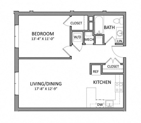 Floor plan for 1 bed, 1 bath, 660 sqft